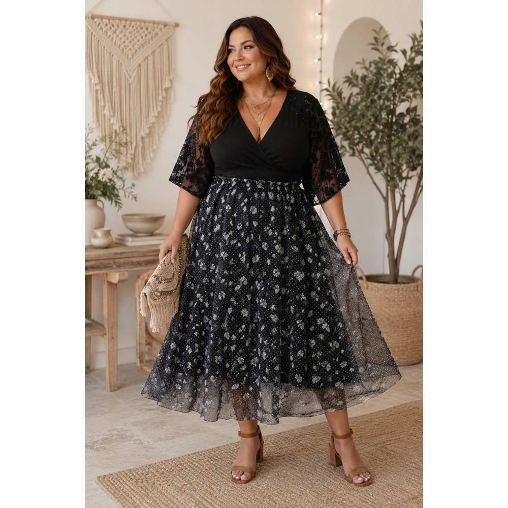 Boho Party Dance Holiday Tulle Black GreenFloral Glitter Midi Plus 18/20W Skirt